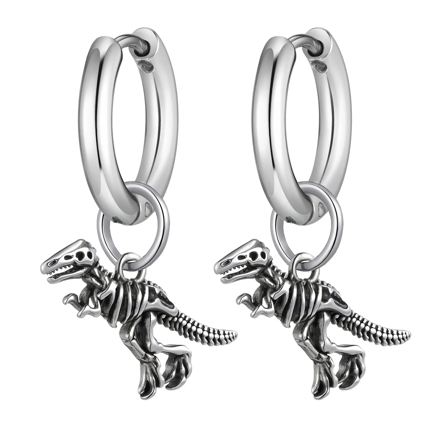Dinosaur Drop Earrings | Stainless Steel Punk Rock Jewelry for Men and Women