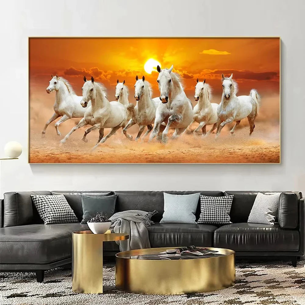 Tableau mural moderne et simple 7 chevaux blancs au galop Paysage coucher de soleil Impression sur toile HD Affiche Décoration maison salon chambre