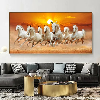 Tableau mural moderne et simple 7 chevaux blancs au galop Paysage coucher de soleil Impression sur toile HD Affiche Décoration maison salon chambre