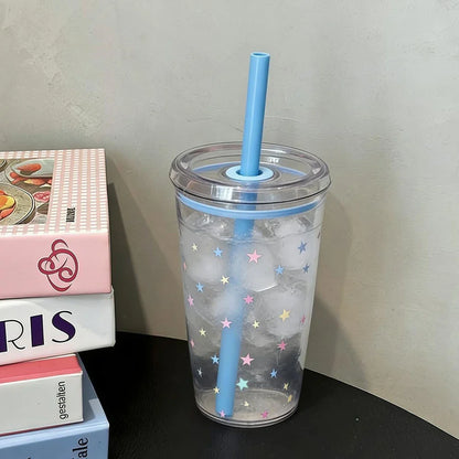 450ml Korean Style Straw Cup | Transparent Multi-Color Plastic Coffee Cup