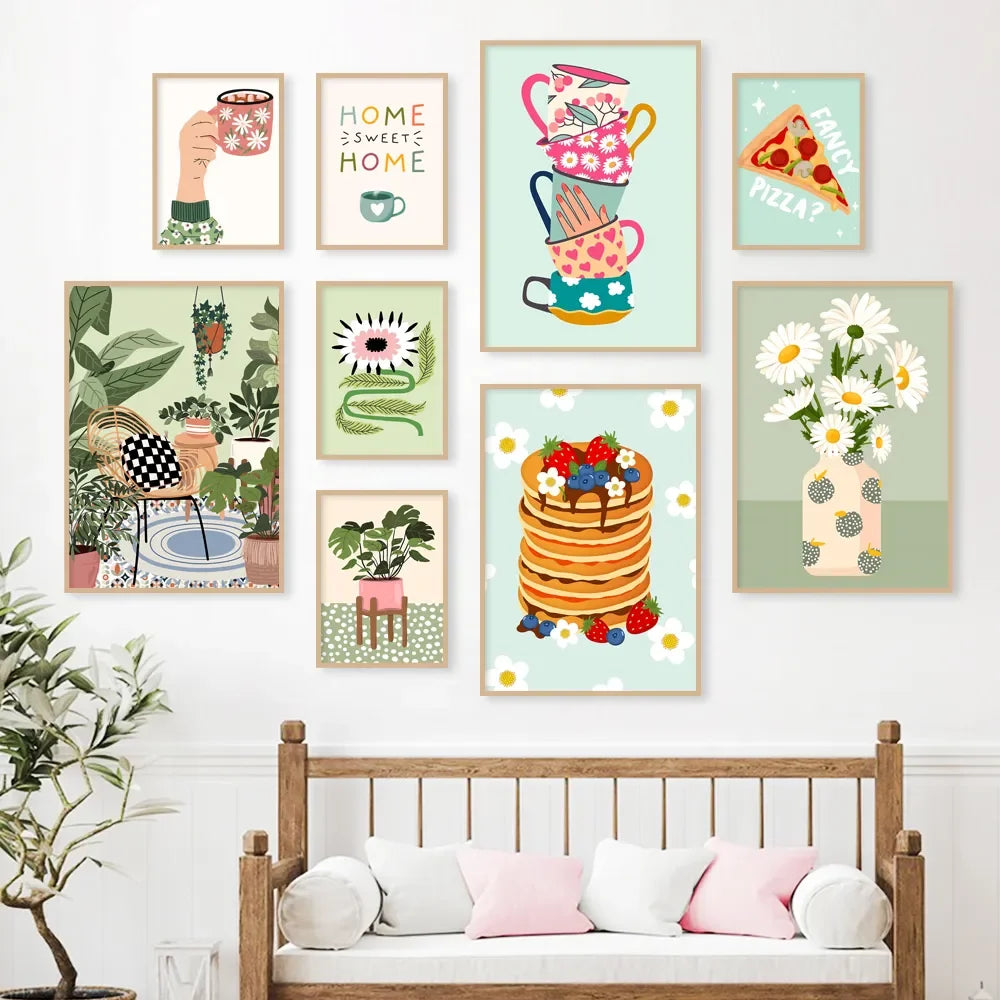 Plantes Tropicales Vase Marguerite Pizza Tasse à Café Nourriture Posters Abstraits Impressions Murales sur Toile Photos Décoration Bohème pour Cuisine et Salon