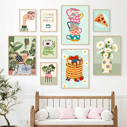 Plantes Tropicales Vase Marguerite Pizza Tasse à Café Nourriture Posters Abstraits Impressions Murales sur Toile Photos Décoration Bohème pour Cuisine et Salon