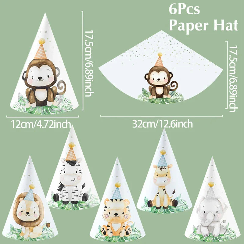 Chapeaux en papier Animaux de la Jungle - Joyeux Anniversaire - Décoration de fête pour enfants Safari, Animaux Sauvages, Un An - Fournitures de décoration de douche de bébé