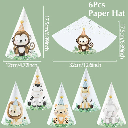 Chapeaux en papier Animaux de la Jungle - Joyeux Anniversaire - Décoration de fête pour enfants Safari, Animaux Sauvages, Un An - Fournitures de décoration de douche de bébé