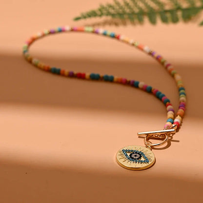 4mm Colorful Stone Choker Necklace for Women | Round Evil Charm Pendant