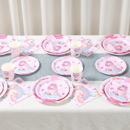Set de vaisselle jetable licorne Assiettes Gobelets Serviettes Décoration de fête d'anniversaire Enfants Garçon Fille Fournitures de fête d'anniversaire de mariage