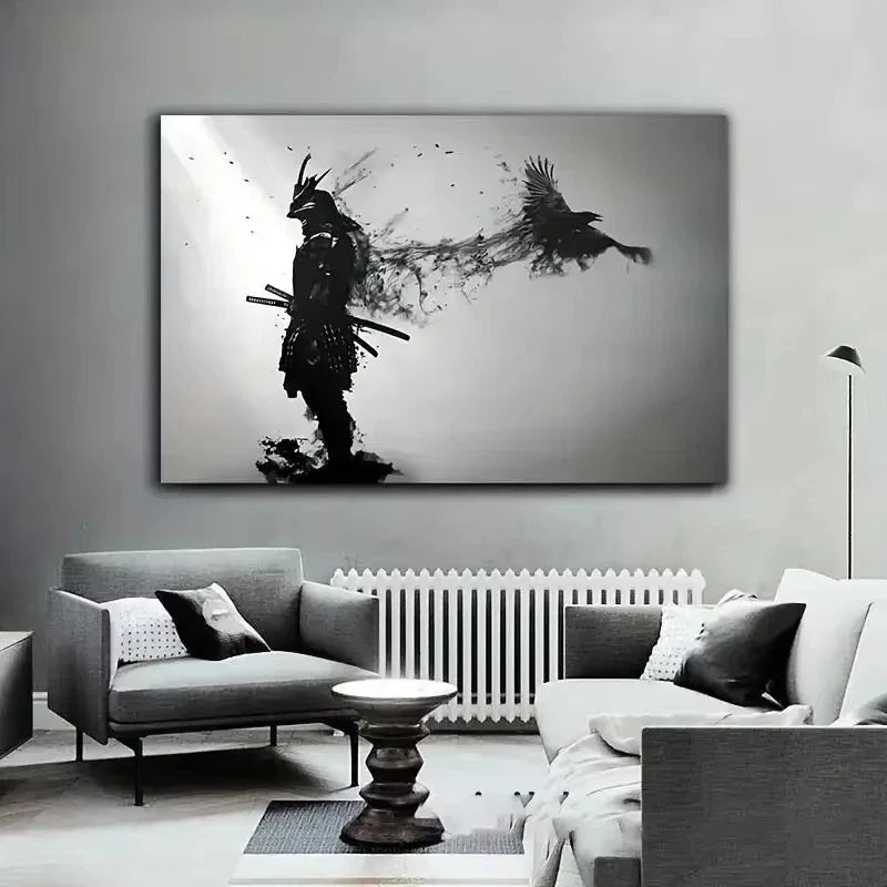 Affiches et impressions murales d'homme samouraï noir japonais en noir et blanc avec corbeaux, tableau sur toile pour salon, décorations Cuadros
