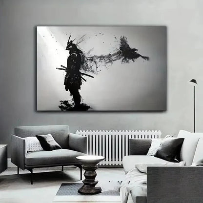 Affiches et impressions murales d'homme samouraï noir japonais en noir et blanc avec corbeaux, tableau sur toile pour salon, décorations Cuadros