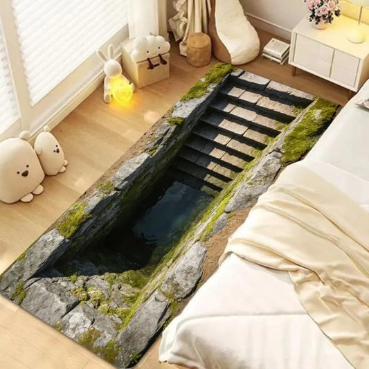 3D Optical Illusions Stone Staircase Pond Runner Rug Funny Hole Home Decor Floormat Non-Slip Soft Carpet for Hallway Living Room