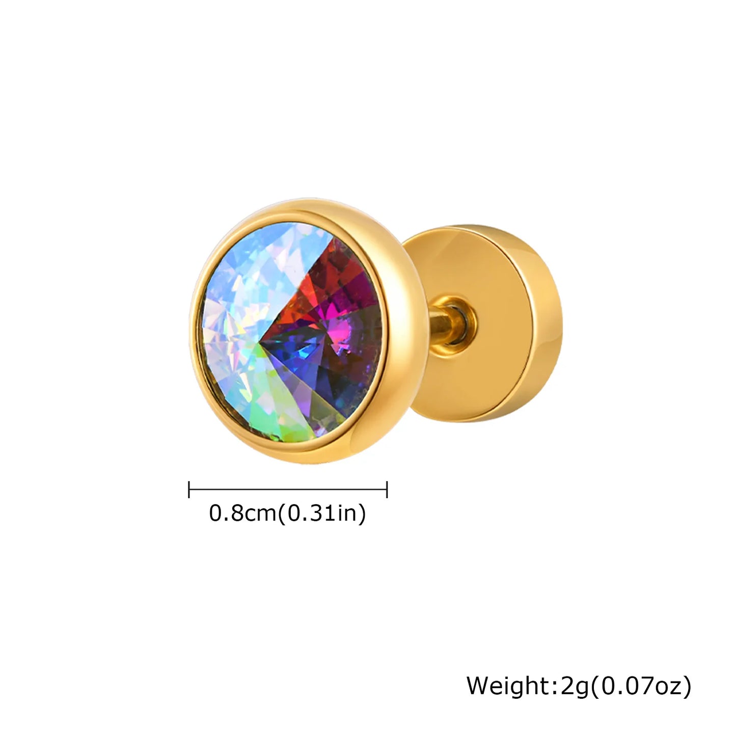 8mm Stainless Steel Screw Back Earrings for Men | Faceted Zircon Studs