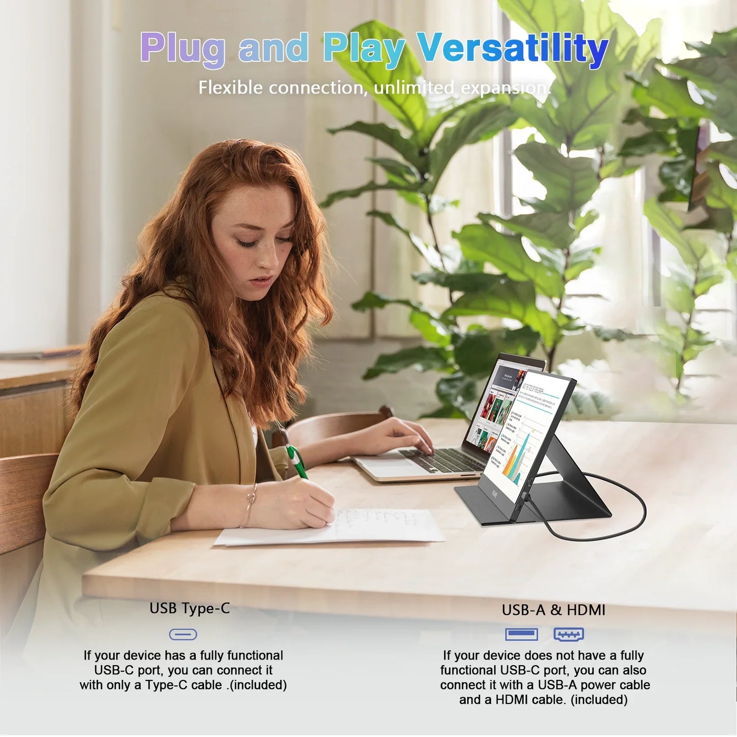14" Portable Monitor WUAWE 1080P USB-C HDMI External Second Screen PC Mac Phone