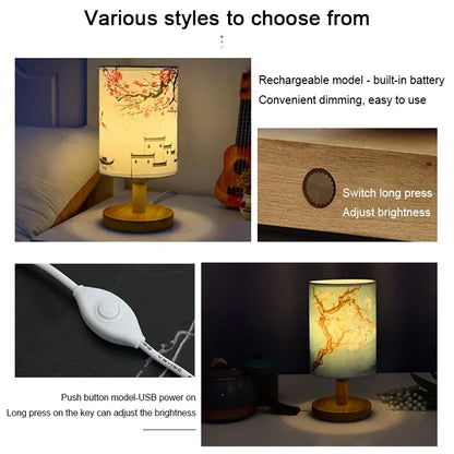 Lampe de table carrée à LED, dimmable, lampe de chevet avec abat-jour en tissu, décor de style chinois