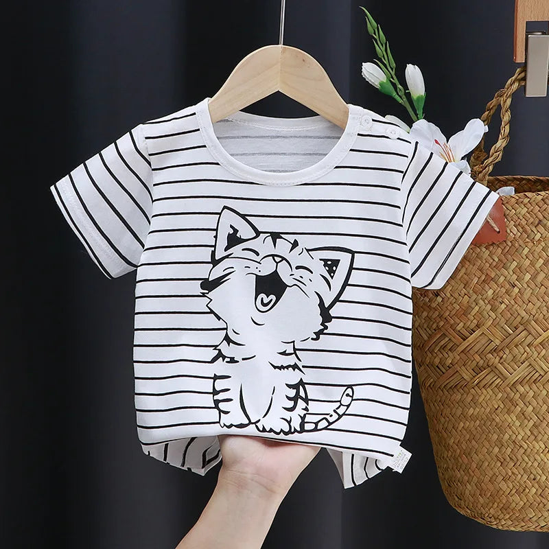 Camisetas y playeras infantiles de verano, 100 % algodón, con estampado gráfico, ropa para niño, estilo coreano, ropa para niña, auto de dibujos animados, 2026, artículos para bebé