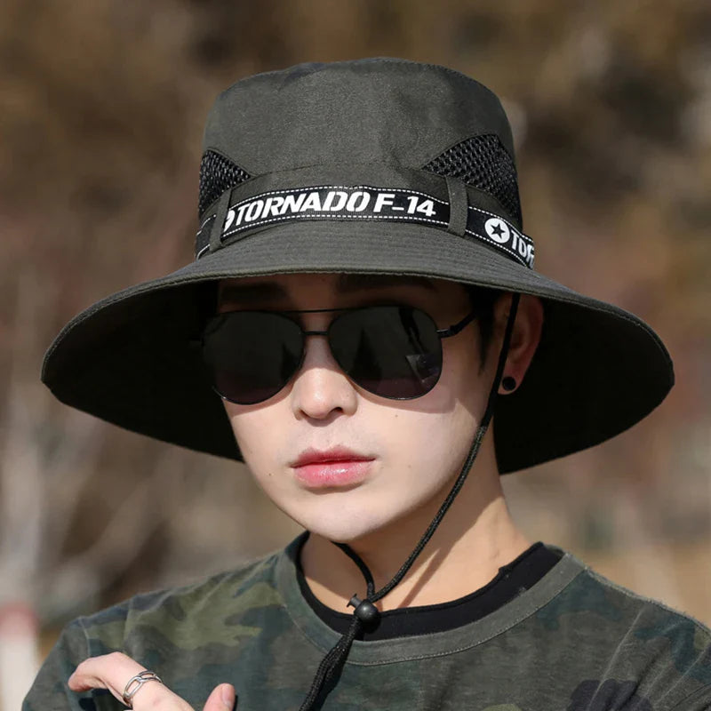 Windproof Men Outdoor Hat | Wide Brim Flat Top Fisherman Hat with Letter Print and Anti-UV Strap