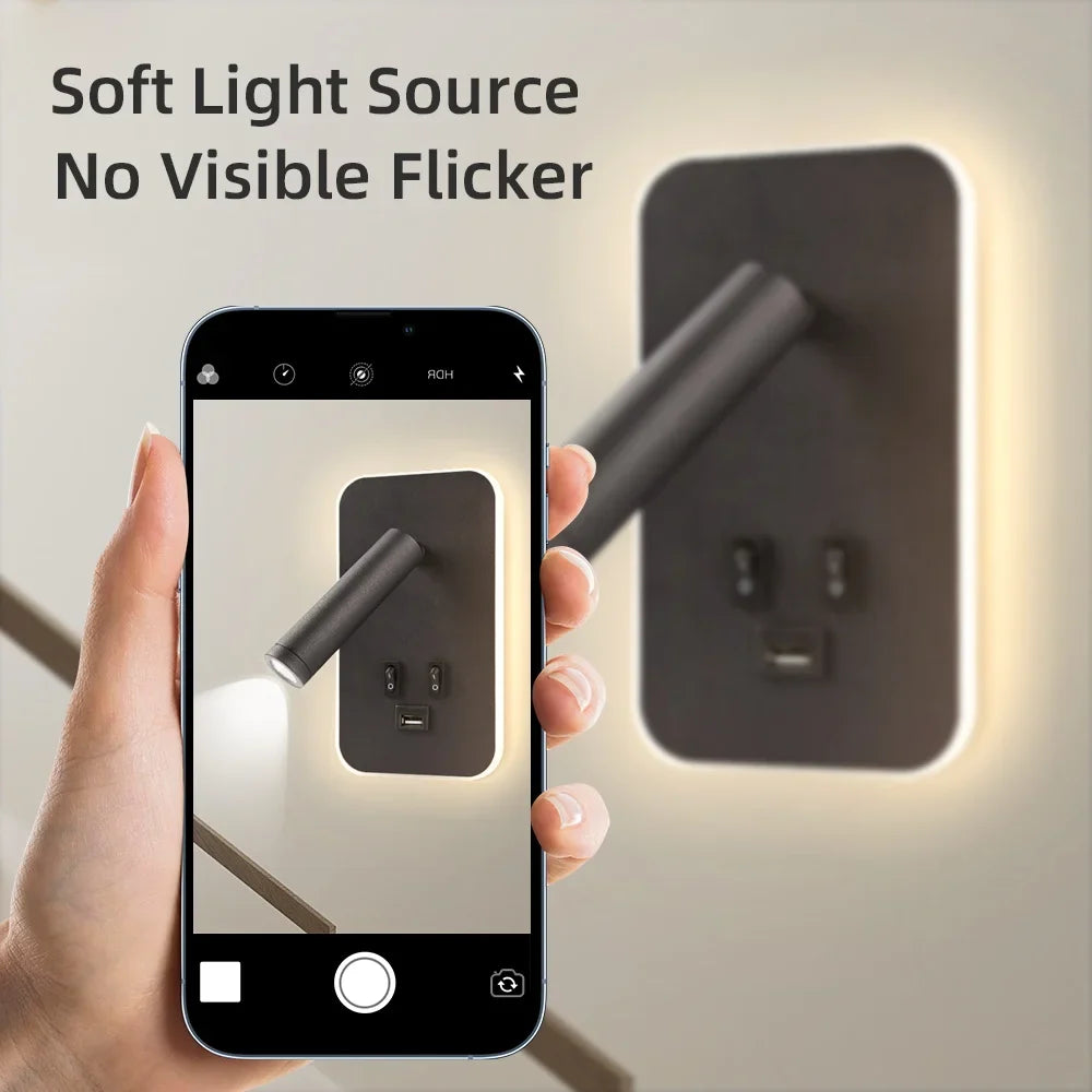 Bedside LED Wall Reading Lamp with USB Port Switch Rotatable Wall Sconce