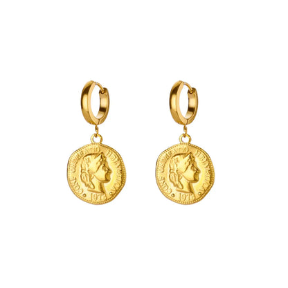 18K Gold Plated Portrait Coin Earrings | Stainless Steel Jesus Cross Dangle Huggie Earrings