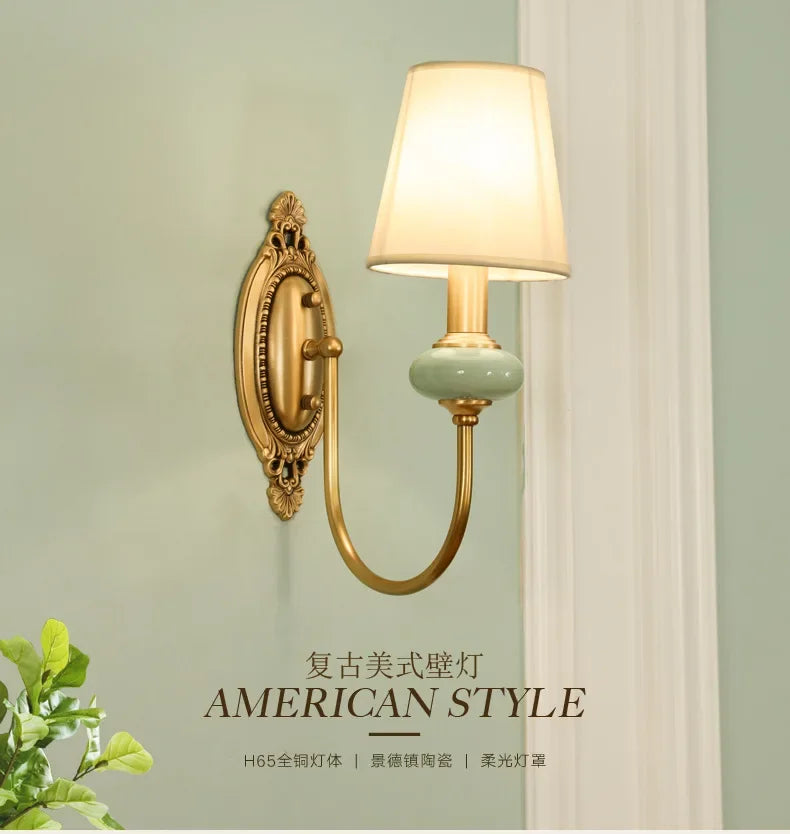 American Style Copper Wall Lamp Ceramic Bedside Sconce Antique Decor Light