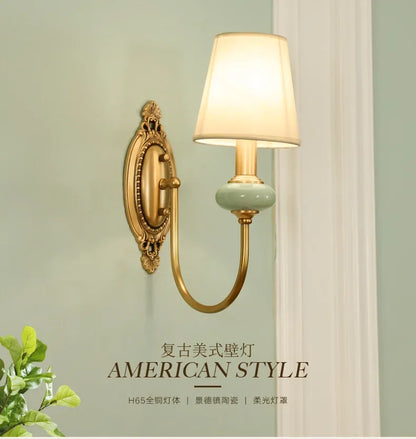American Style Copper Wall Lamp Ceramic Bedside Sconce Antique Decor Light