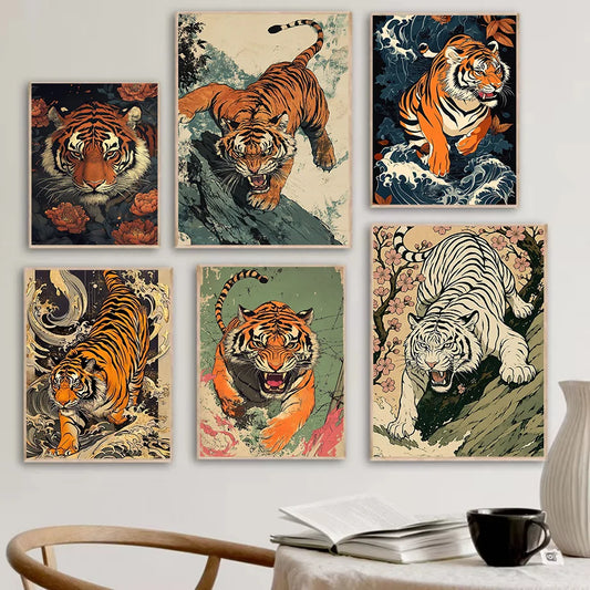 Lienzo vintage Ukiyo-e de tigre – Póster japonés de pared para sala de estar, dormitorio, decoración nórdica del hogar