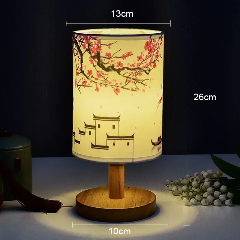 Lampe de table carrée à LED, dimmable, lampe de chevet avec abat-jour en tissu, décor de style chinois