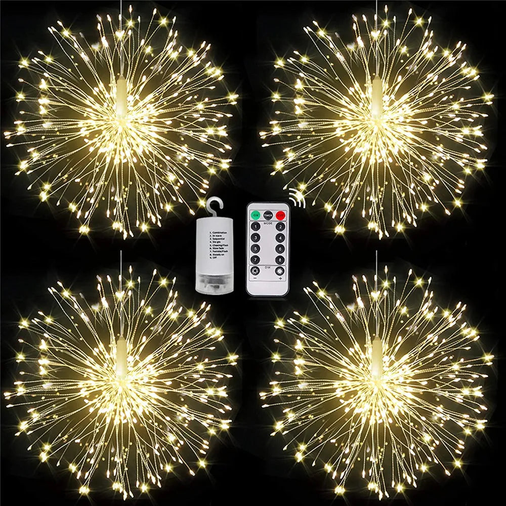 Guirlande Lumineuse LED Feux d'Artifice, Fil de Cuivre, Étoile, 8 Modes, Télécommande, Décoration Extérieure