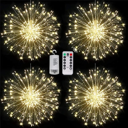 Guirlande Lumineuse LED Feux d'Artifice, Fil de Cuivre, Étoile, 8 Modes, Télécommande, Décoration Extérieure