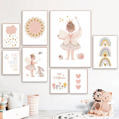 Kawaii Angel Girls Rabbit Sun Rainbow Cloud Cartoon Children Posters Canvas Painting Wall Art Print Picture Baby Kids Room Decor