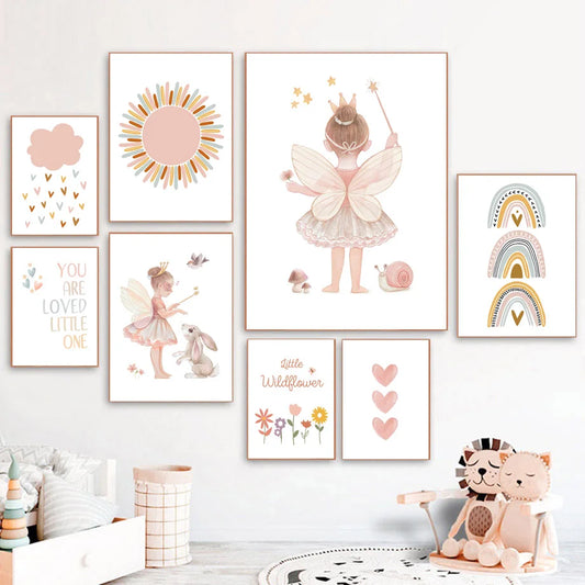 Kawaii Angel Girls Rabbit Sun Rainbow Cloud Cartoon Children Posters Canvas Painting Wall Art Print Picture Baby Kids Room Decor
