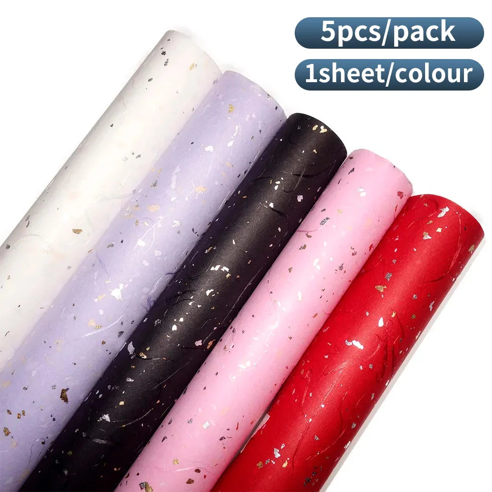 Korean Floral Wrapping Paper Set | 5 Sheets with Gold and Silver Sparkles