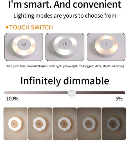 6CM Rechargeable LED Night Light | Touch Switch Wireless Wall Lamp with 3-Color Dimmable Modes