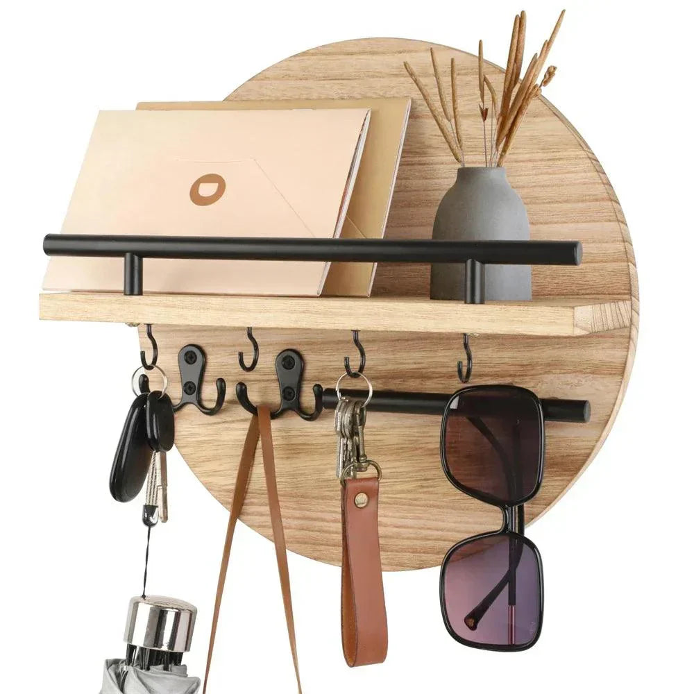 Round Wooden Key Holder Wall Mount Entryway Organizer Shelf Hooks