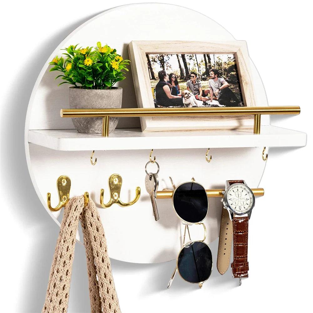 Round Wooden Key Holder Wall Mount Entryway Organizer Shelf Hooks