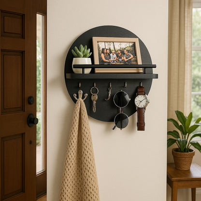 Round Wooden Key Holder Wall Mount Entryway Organizer Shelf Hooks