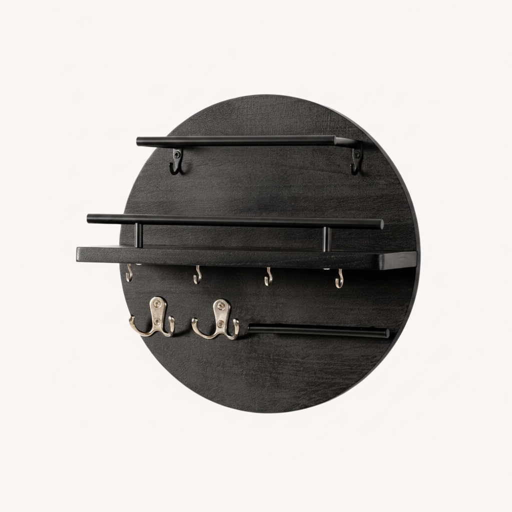 Round Wooden Key Holder Wall Mount Entryway Organizer Shelf Hooks