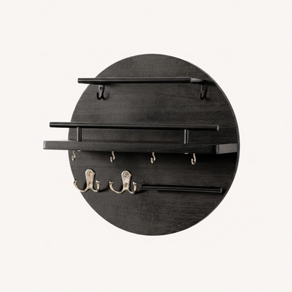 Round Wooden Key Holder Wall Mount Entryway Organizer Shelf Hooks