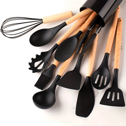 Silicone Kitchen Utensil Set with Bamboo Handles 12 Piece Set