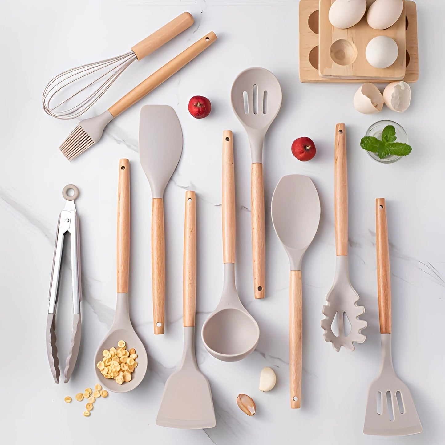 Silicone Kitchen Utensil Set with Bamboo Handles 12 Piece Set