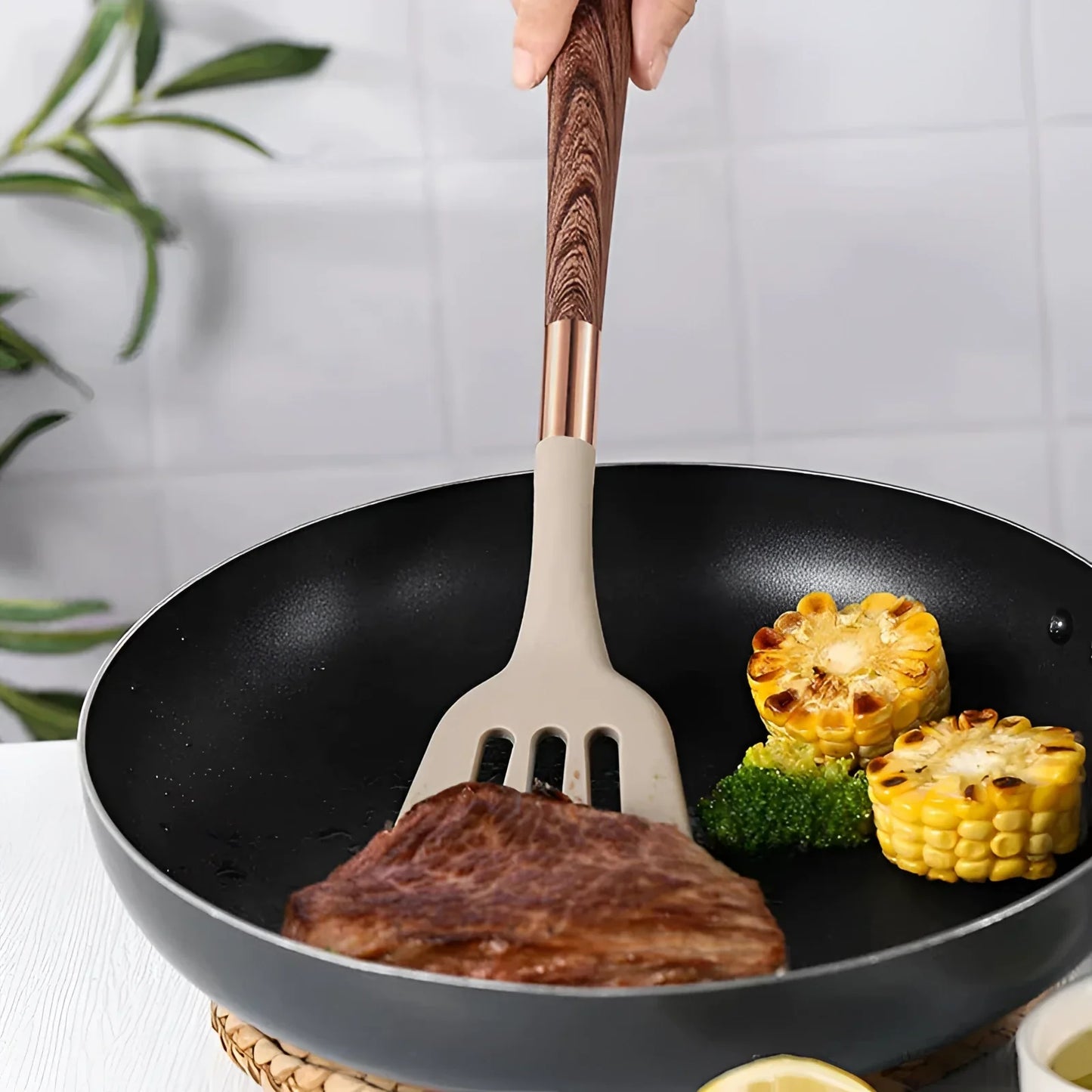 10-Piece Silicone Kitchen Utensil Set Copper Wood Handle Heat Resistant