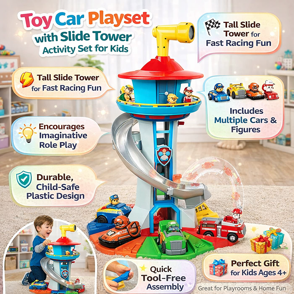 Kids Car Ramp Toy Set with Slide Tower & Race Track Playset