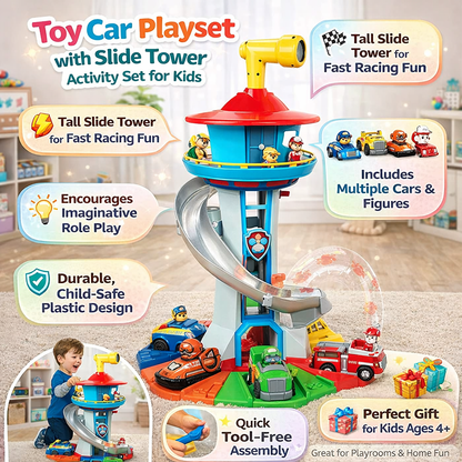 Kids Car Ramp Toy Set with Slide Tower & Race Track Playset
