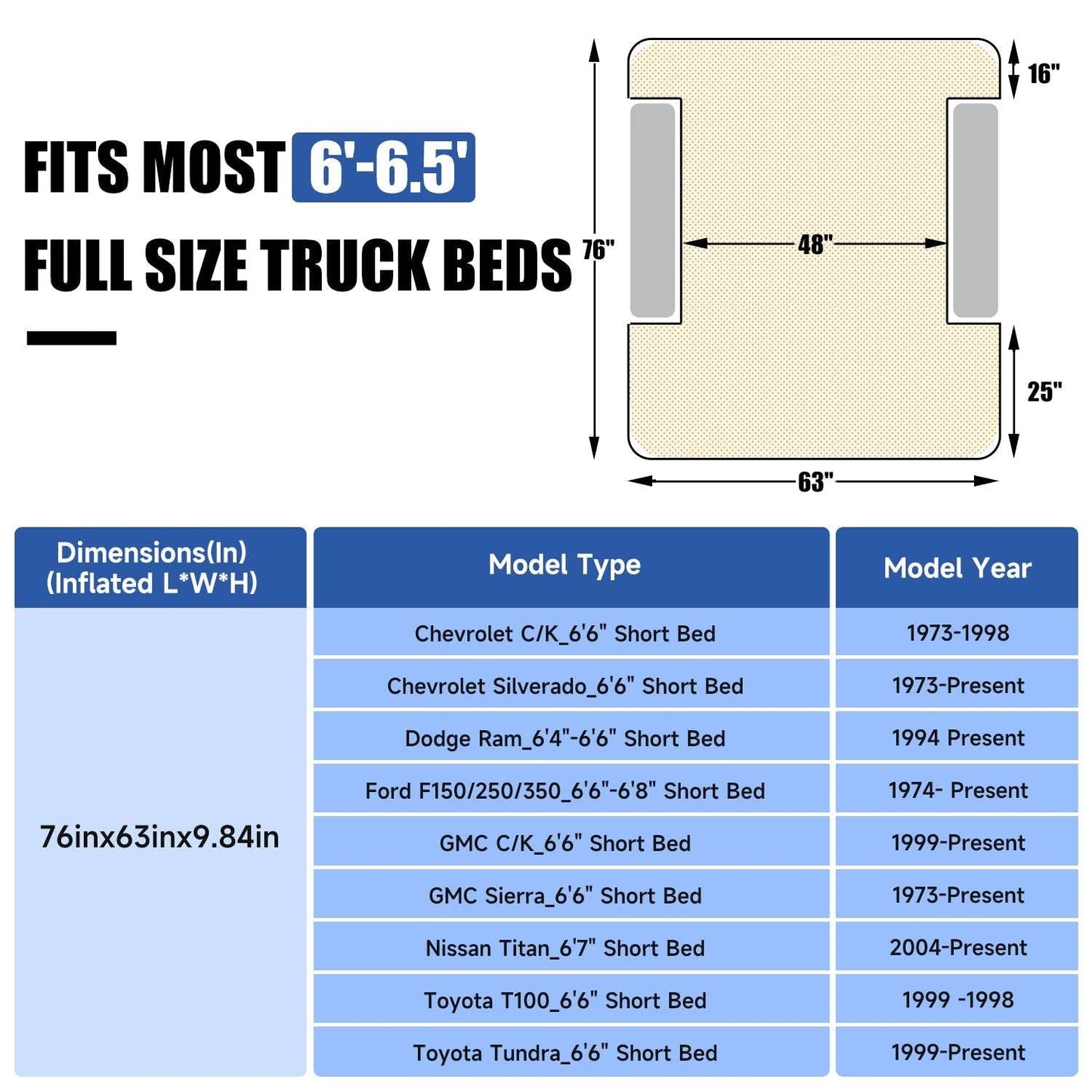 DikaSun 6.0-6.5 FT Full Size Pickup Truck Bed Air Mattress,Black