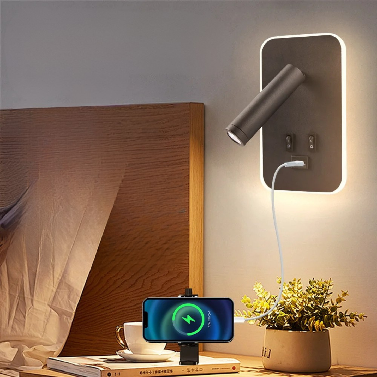 Bedside LED Wall Reading Lamp with USB Port Switch Rotatable Wall Sconce