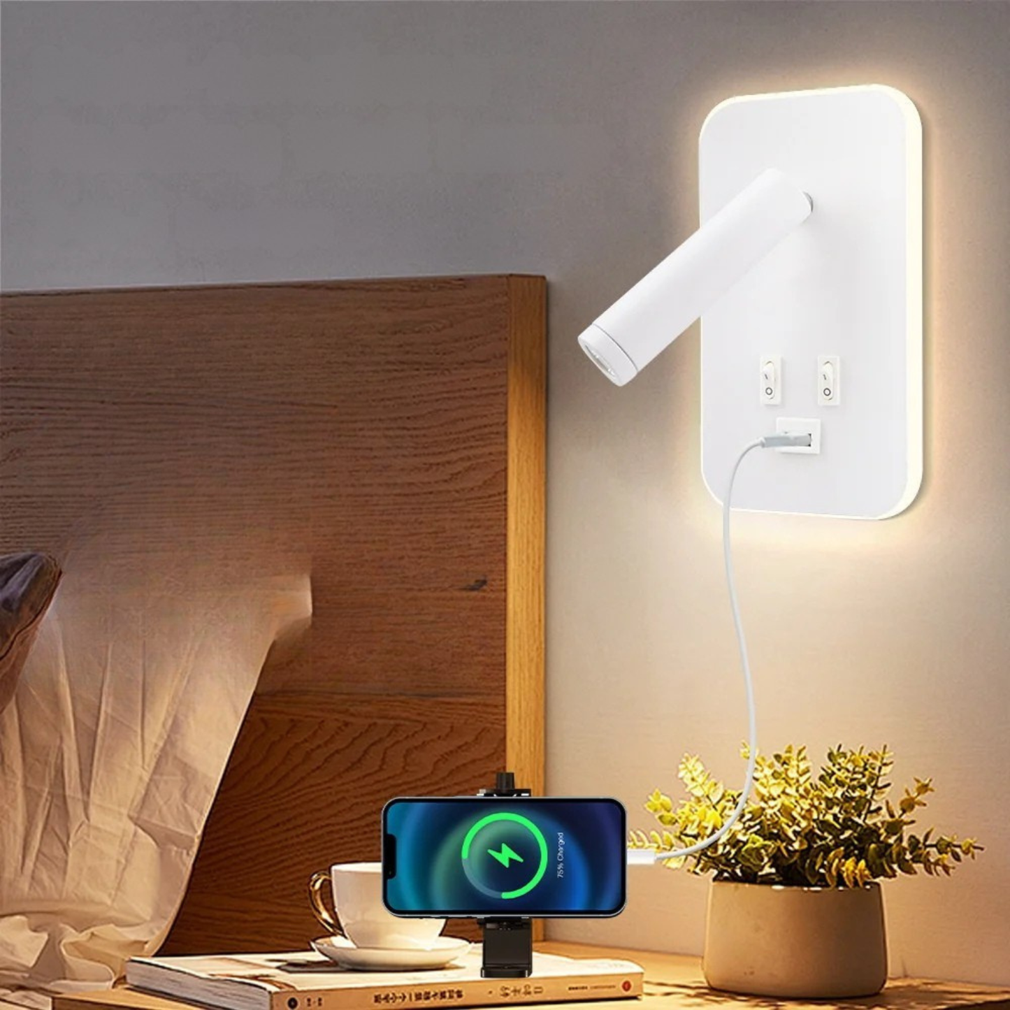 Bedside LED Wall Reading Lamp with USB Port Switch Rotatable Wall Sconce
