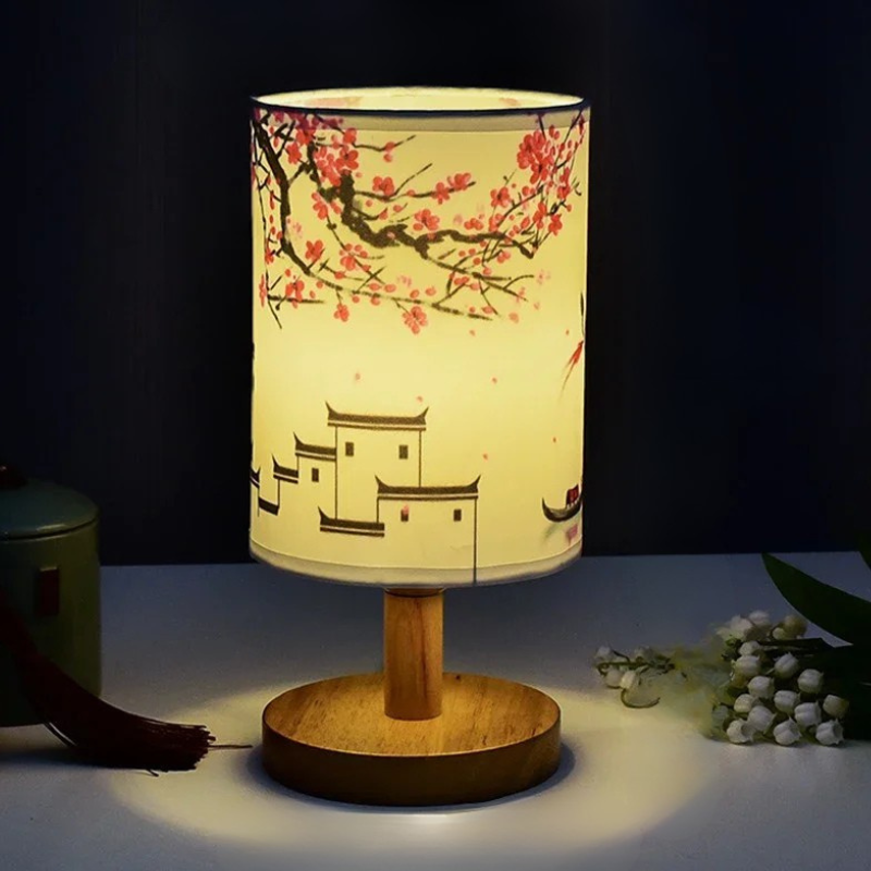 Lampe de table carrée à LED, dimmable, lampe de chevet avec abat-jour en tissu, décor de style chinois