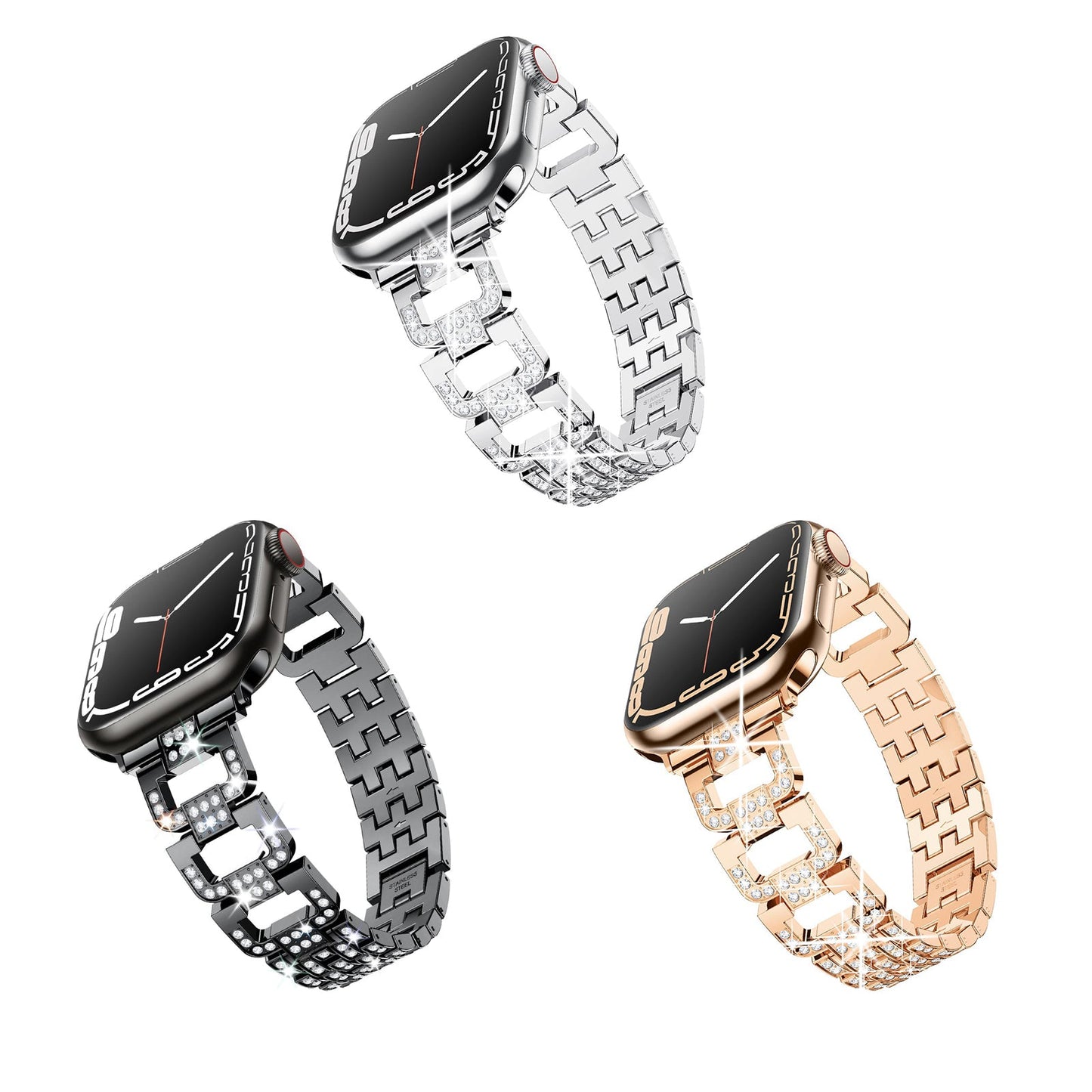 Bracelet en métal maillons D-Links habillés avec maillons entièrement incrustés de strass pour Apple Watch