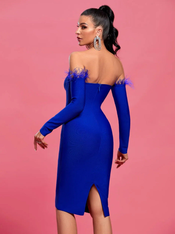 Robe longue à manches longues avec plumes pour femmes
