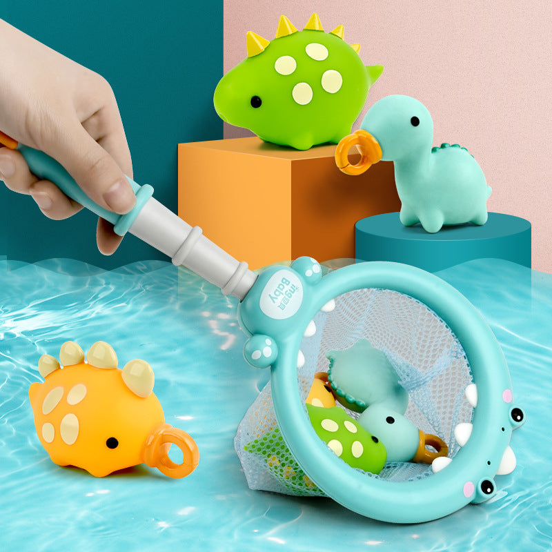 Juguete de baño de dinosaurio para pescar, juguete de pesca que puede rociar agua, red de pesca con sonido al apretar