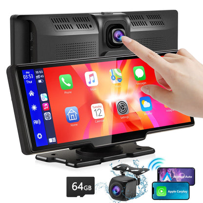 Carplay sans fil portable avec caméra 2,5K, caméra arrière 1080P, écran tactile ultra HD Android Auto 9,3 pouces pour enregistrement en boucle de DVR de voiture, navigation GPS Bluetooth avec système radio FM