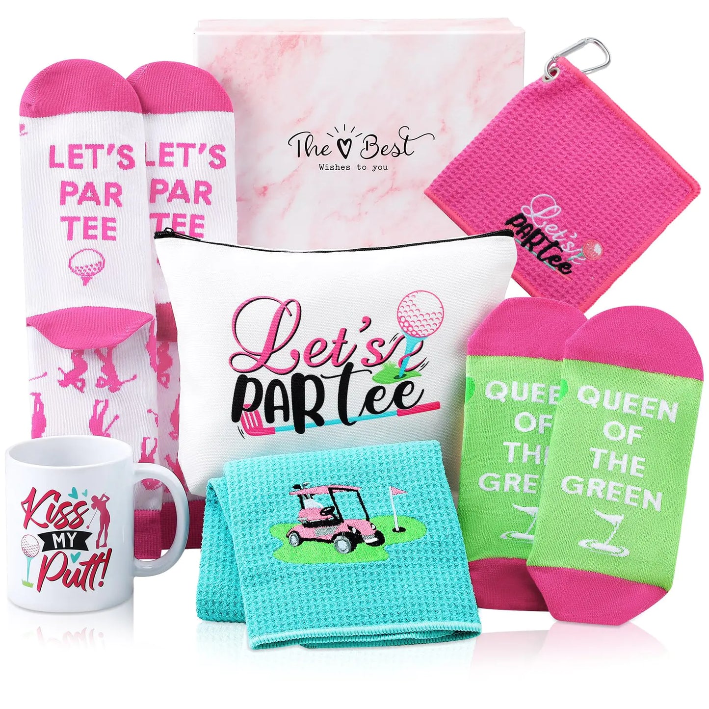 Geyoga 7 paquetes de regalo de golf para mujer, toallas de golf bordadas con bolsa de maquillaje de golf, taza, calcetines de golf, calcetines tobilleros, accesorios de golf con caja de regalo, regalos de golf para mujer, regalo de cumpleaños