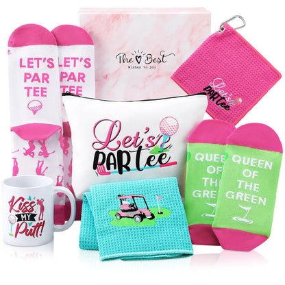 Geyoga 7 paquetes de regalo de golf para mujer, toallas de golf bordadas con bolsa de maquillaje de golf, taza, calcetines de golf, calcetines tobilleros, accesorios de golf con caja de regalo, regalos de golf para mujer, regalo de cumpleaños